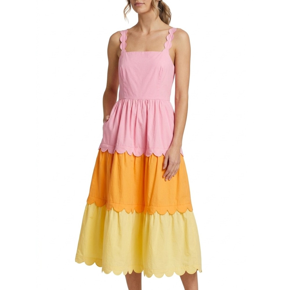 NWT English Factory Scalloped Tiered Midi Dress Pink Orange Yellow JJ2393D - S